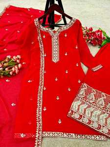 Beautiful Faux Georgette Heavy Embroidery Sequence Work Full Sleeve <b>Top</b> Pant Dupatta Set Modern Design 4 Season Women's Party - Product Image 3