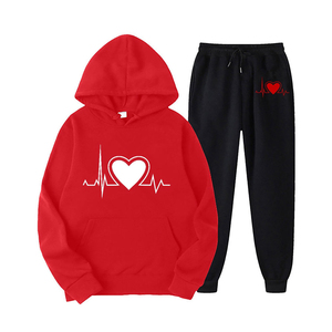 Sudadera con Capucha Roja con Estampado de Latido de Corazón, Conjunto de Pantalones Deportivos Negros, Chándal Informal Unisex de Manga Larga, Ropa de Otoño de Algodón - Product Image 1