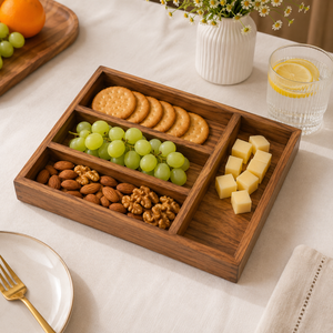 Plateau décoratif en bois de qualité supérieure, à compartiments multiples, organisateur en bois naturel, support pour collations, fruits secs, couverts, cuisine, salle à manger - Product Image 3