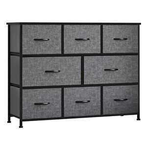 Cassettiera Moderna Grigio Scuro a 8 Cassetti, con 3 Ripiani in Tessuto, Top in Legno di Quercia e Struttura in Acciaio per Camera da Letto o Corridoio - Product Image 1