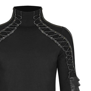 Custom <b>Men's</b> Gothic Long Sleeve Shirt Dark Red Slim Fit Cotton Stretch Top with Faux Leather Straps and Metal Buttons - Product Image 5