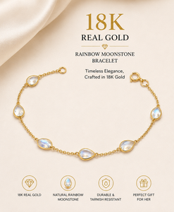 Pulsera con Bisel de Piedra Lunar Arcoíris Natural en Oro Amarillo Sólido de 18K – Cadena de Eslabones con Gemas Redondas y Cierre Ajustable - Product Image 3
