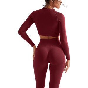 Conjunto de Yoga de 2 Piezas con Cintura Alta y Costuras Acanaladas en Color Naranja, Leggings Largos, Top Corto de Manga Larga con Cuello Redondo, Sin Costuras, de Spandex y Poliéster - Product Image 4
