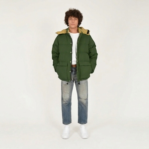 Oem Men's Green Puffer <b>Jacket</b> With Hood Turn-down Collar Button Closure Windproof Thick Polyester Winter Casual Coat - Product Image 1