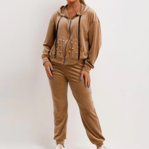 Ensemble de survêtement en velours pour femmes grandes tailles, pantalon long à capuche, poches latérales, couleur unie, vêtements décontractés d'automne - Product Image 2