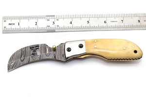 Damascus blade <b>knife</b> Eagle engraved wood <b>handle</b> Industrial grade folding <b>knife</b> Pocket <b>knife</b> with leather sheath - Product Image 4