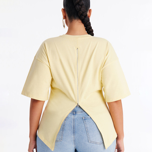 Manufacturer Custom Summer Women's Tee Solid Jersey Beige Crew Neck Long Tail <b>Back</b> Zip Closure <b>Drop</b> Shoulder Short Sleeve TShirt - Product Image 4