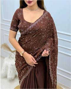 Sari en Georgette Marron Chocolat en Gros avec Bordure Brodée de Paillettes Cutdana, Sari de Soirée de Créateur - Product Image 1