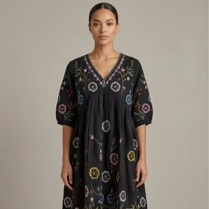 <b>A</b> <b>LINE</b> Cotton Floor Length <b>Dress</b> V Neck Short Sleeves Pocket Design SOLID <b>Pattern</b> Women's Loose Fit Casual Party Wear - Product Image 1