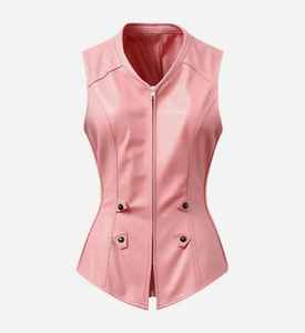 Chaleco de Cuero Genuino Rosa para Mujer, Sin Mangas, Corte Ajustado, con Cierre Frontal, Elegante, Casual, Estilo Motociclista - Product Image 1