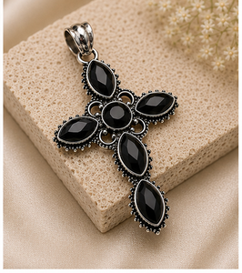 Natural Black Onyx Cross Pendant, Sterling <b>Silver</b> Cross Necklace, Faceted Black Onyx Jewelry, Gothic Cross Pendant, Religious Gi - Product Image 2