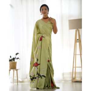 Sari Reversible de Viscosa para Mujer, Cuello en V, Color Verde Riva, Pintado a Mano, para Fiesta - Product Image 5