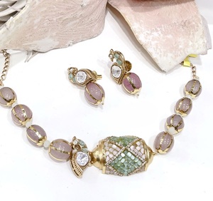 Elegant Premium Quality Brass Gold Plated Moissanite Trendy <b>Statement</b> Fusion <b>Necklace</b> Set with Earrings for Wedding & Party Wear - Product Image 4