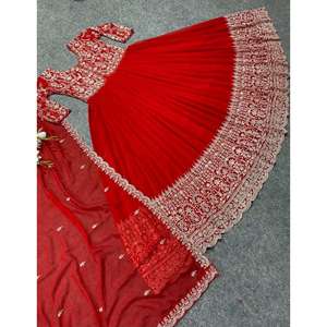 Salwar Kameez pour femmes, vêtements de fête, broderie en géorgette, travail de séquence, avec dupatta, rouge, Pishwas/Anarkali, viscose, lin, soie, rayonne - Product Image 3