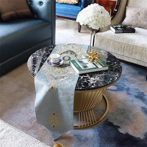Table basse ronde de luxe en contreplaqué avec plateau en marbre noir et base en métal doré, table de salon moderne et contemporaine - Product Image 3