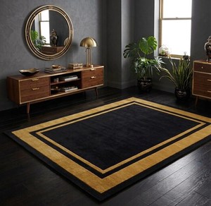 Tapis géométrique moderne rectangulaire noir avec bordure dorée, tapis en laine tuftée fabriqué à la machine, pour salon, avec dos antidérapant en caoutchouc - Product Image 1