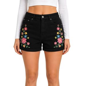 Shorts en jean taille haute pour femmes noires avec broderie florale colorée, shorts décontractés d'été, fabricant OEM ODM sur mesure - Product Image 1