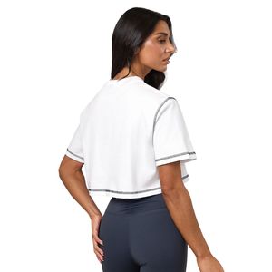 Camiseta Corta Blanca para Mujer, Cuello Redondo con Costuras en Contraste, Corte Holgado, Estilo Casual, Moda Veraniega, Ropa Urbana - Product Image 2