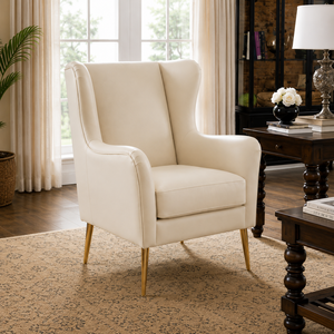 Sillón Moderno de Mediados de Siglo con Respaldo de Ala, Cuero PU, Patas de Metal Dorado, Silla para Sala de Estar, Mueble de Descanso Suave, Sillón de Cuero - Product Image 1