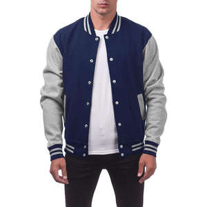 Veste universitaire bleu marine et gris pour homme avec fermeture boutonnée, vêtement d'extérieur décontracté, coupe classique, col rabattu, doublure en polaire - Product Image 1
