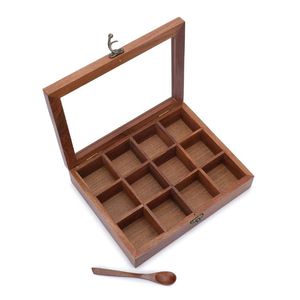 Handcrafted Wooden <b>Spice</b> <b>Box</b> with 12 Compartments Hinged Lid Traditional Masala Dabba Kitchen Storage <b>Box</b> For Sale - Product Image 1