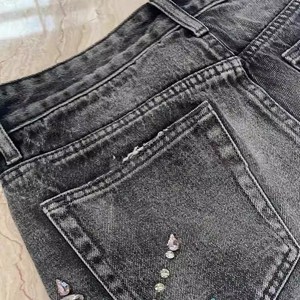 Unisex High Waist Black Denim Bermuda Shorts Crystal Rhinestone Embellishment Breathable Front Vintage Street Style Casual Pants - Product Image 3
