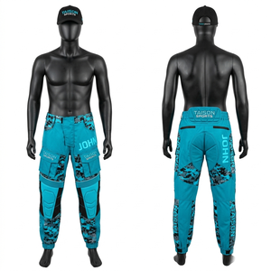 Pantalon de paintball en polyester et élasthanne de qualité supérieure 280 GSM, bleu sarcelle, noir, panneau camouflage, logo personnalisé par sublimation - Product Image 1