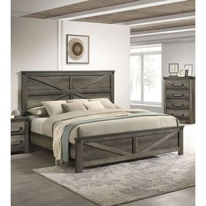 Letto Queen Size Grigio Rustico con Testiera dal Design Unico, Arredamento Semplice in Legno per Camera da Letto con Dettagli in Metallo - Product Image 1