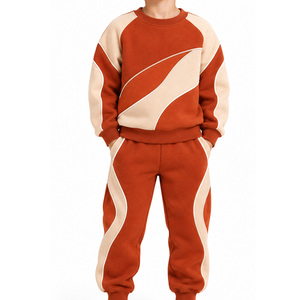 <b>Kids</b> Fleece Tracksuit Rust Cream Crewneck Sweatshirt Jogger Pants Contrast Side Panels Trade Wholesale <b>Clothing</b> Manufacturer OEM - Product Image 3