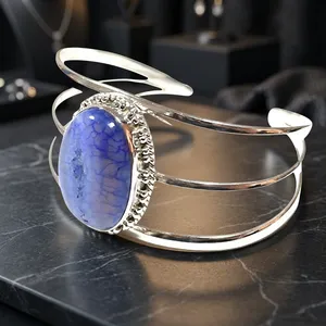 925 Sterling Silver Blue Agate Druzy Cuff Bracelet Oval Natural Gemstone Bezel Set Statement Jewelry For Women Everyday Wear - Product Image 4