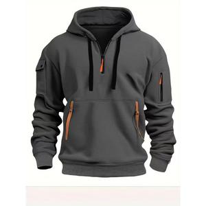 Sudadera con capucha para hombre, estilo urbano Hip-Hop, con media cremallera, color liso, manga larga, holgada, para otoño e invierno - Product Image 2