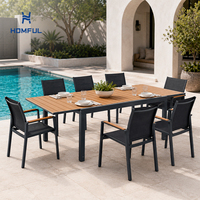 HOMFUL - Mesa de Comedor Extensible de 3 Piezas para Patio, 2 Tamaños, Marco de Aluminio Expandible, Tablero de Madera Sintética con Aspecto de Madera