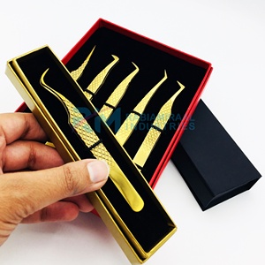Stainless Steel Precision Eyelash Tweezers Set Gold Plasma Plated Tweezer Diamond Grip And Red/Black Color Card Box Packaging - Product Image 4