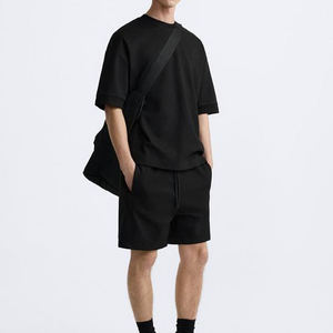 mens black solid plain relaxed <b>short</b> sleeve <b>tshirt</b> matching drawstring <b>shorts</b> 2 piece <b>set</b> athletic gym workout outfit - Product Image 1