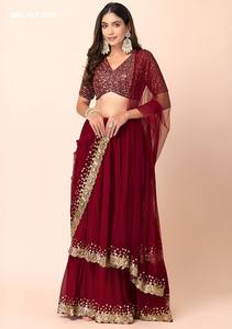 Party Wear Georgette with Zari-<b>Sequin</b> Embroidered Ruffle Layered Flared <b>Red</b> Lehenga-Choli Set Woman Fashion Exporter - Product Image 5