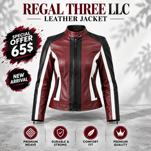 Chaqueta de cuero para mujer, estilo racer, con cuello alto, manga larga, cremallera, impermeable, corte ajustado, de cuero genuino - Product Image 1