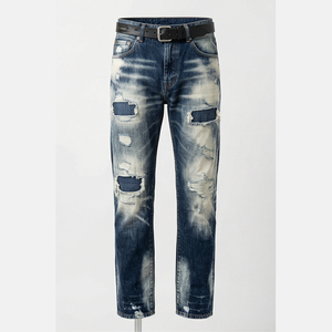 Jean en denim déchiré et délavé coupe droite pour homme, taille haute, coupe slim, en coton, style décontracté automne - Product Image 1