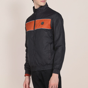 Men'<b>s</b> Color Blocking Racer <b>Jacket</b> Windproof Stand Collar Zipper Closure Sporty Style Autumn Wear Black Orange Panel Design - Product Image 3