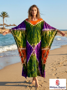 Vestido Kaftán Tie Dye para Mujer, Cuello Redondo, Holgado, Largo hasta el Suelo, Manga Corta, Estilo Bohemio, para Playa, Verano, con Borlas, Chifón, 100% Poliéster, OEM, ODM - Product Image 3