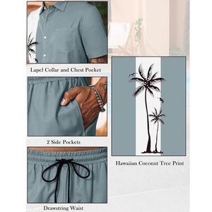 Ensemble de vêtements de plage personnalisés pour hommes hawaïens, chemise à boutons de haute qualité, short de bain, motif uni, polyester/coton, respirant, été - Product Image 5
