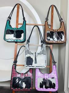 Sac à main en cuir de vachette artisanal occidental personnalisé, turquoise et noir à carreaux, sac à bandoulière pour femme, sac fourre-tout tendance avec pompon - Product Image 4