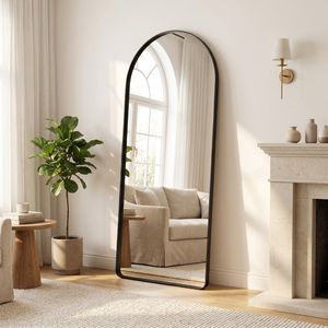 Miroir sur pied arqué pleine longueur 21x64 pouces, coins arrondis, cadre profond, fait main, en bois rustique noir - Product Image 3