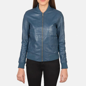 Women Blue Genuine Leather <b>Bomber</b> <b>Jacket</b> Slim Fit Premium Sheepskin Casual Winter Outerwear Fashionable Zip Up Flight Coat - Product Image 3
