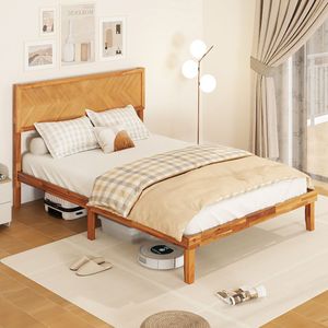 Full-Size Wooden <b>Bed</b> Frame with Headboard and Integrated Storage Space - Product Image 3
