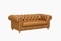 Canapé Chesterfield en cuir véritable trois places, dossier capitonné, accoudoirs roulés, pieds en bois, style traditionnel, canapé de salon, canapé en cuir
