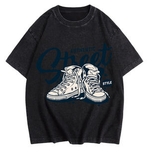 Camiseta Gráfica Vintage Oversize de Algodón 100% para Hombre, Estilo Casual Urbano con Estampado Retro de Zapatillas, Lavado Ácido, Manga Regular, Ajuste Holgado y Letras - Product Image 2