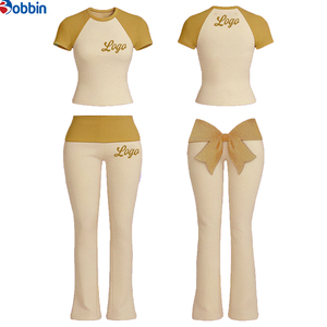 Conjunto Deportivo Personalizado con Logotipo para Mujer, Conjunto de Verano de Algodón para Yoga, Diseño con Lazo, Manga Corta, Pantalones Acampanados con Cintura Plegable, Conjunto de 2 Piezas - Product Image 4