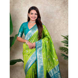 ผ้าไหมทอมือลายพิสตาสีเขียว แบรนด์อีลิท วีฟส์ รุ่นบาเนราสี จาล ซารี ผ้าไหมอินเดียแบบดั้งเดิมสุดหรูสำหรับผู้หญิง - Product Image 3