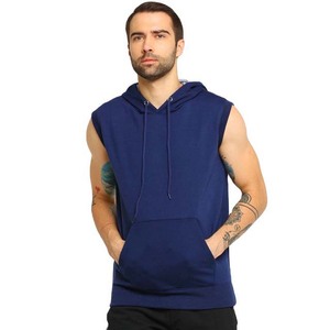 Sudadera con Capucha sin Mangas para Hombre, Color Sólido, Algodón, Estilo Casual con Bolsillo, Corte Regular, Azul Marino - Product Image 3