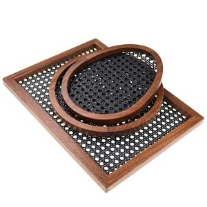 Ensemble de plateaux de service en rotin et bois faits à la main, ronds et rectangulaires, en cannage tressé, pour café, thé, collations, décoration de cuisine et de table - Product Image 1